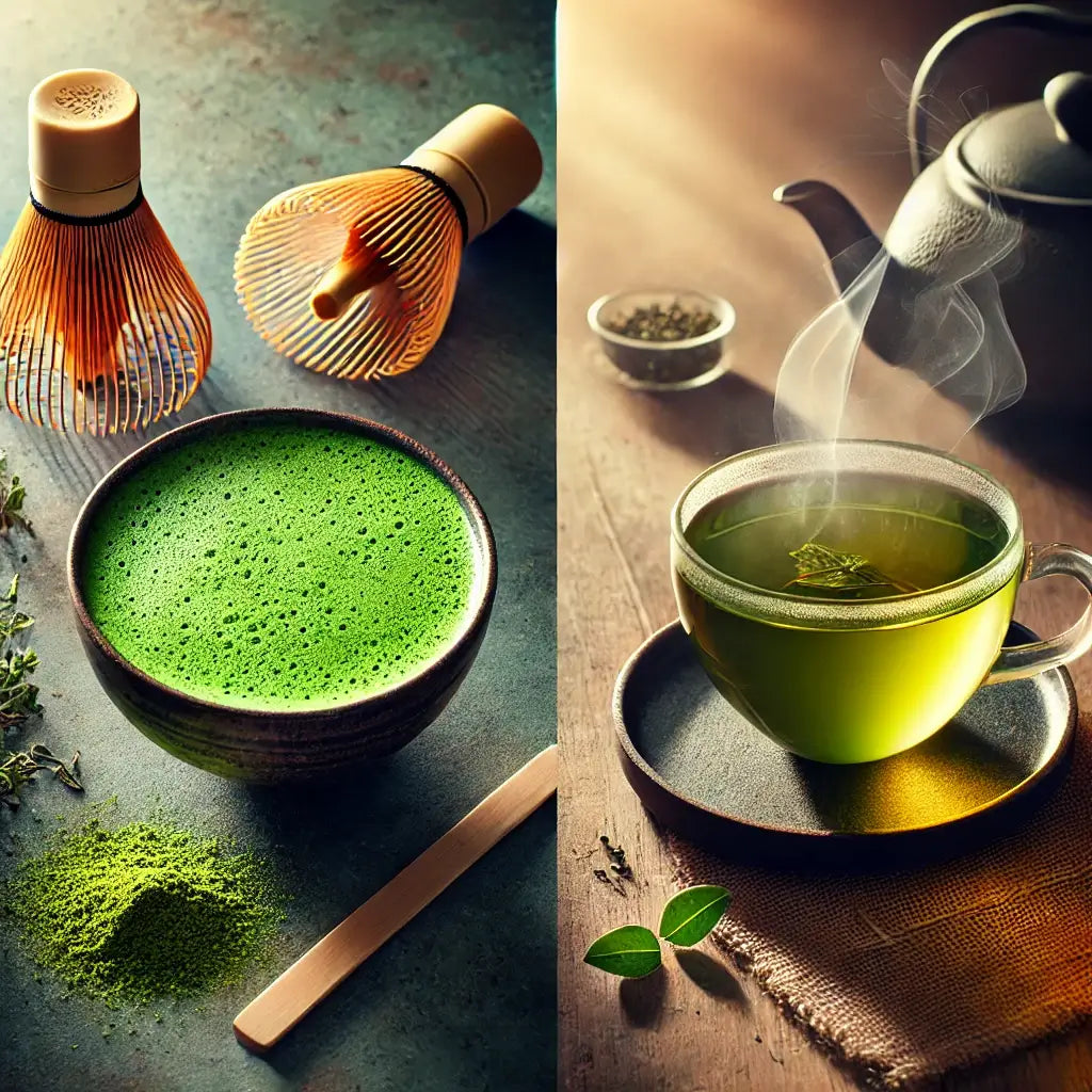 A vibrant image displaying matcha powder and brewed green tea, highlighting their different textures and preparation methods.