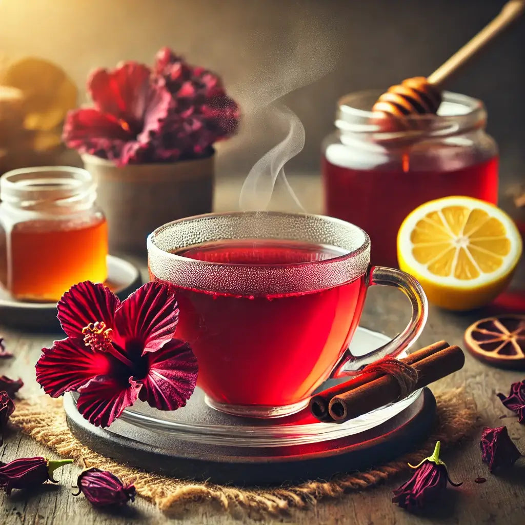 A vibrant red cup of freshly brewed hibiscus tea with dried hibiscus petals and lemon slices, symbolizing its health benefits and refreshing taste