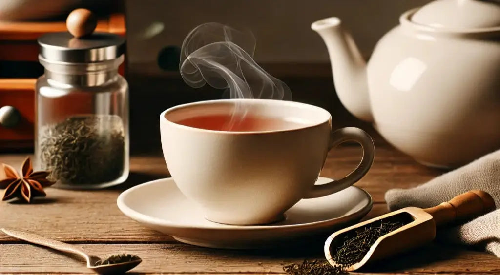 A minimalistic tea setup with a white teapot and teacup on a wooden tray, creating a serene and simple tea-drinking atmosphere.
