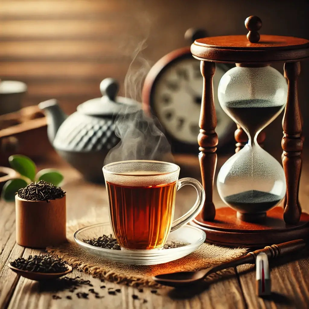 A tea-themed setting with an hourglass timer, a steaming cup of tea, and a warm ambiance, symbolizing precise tea brewing.