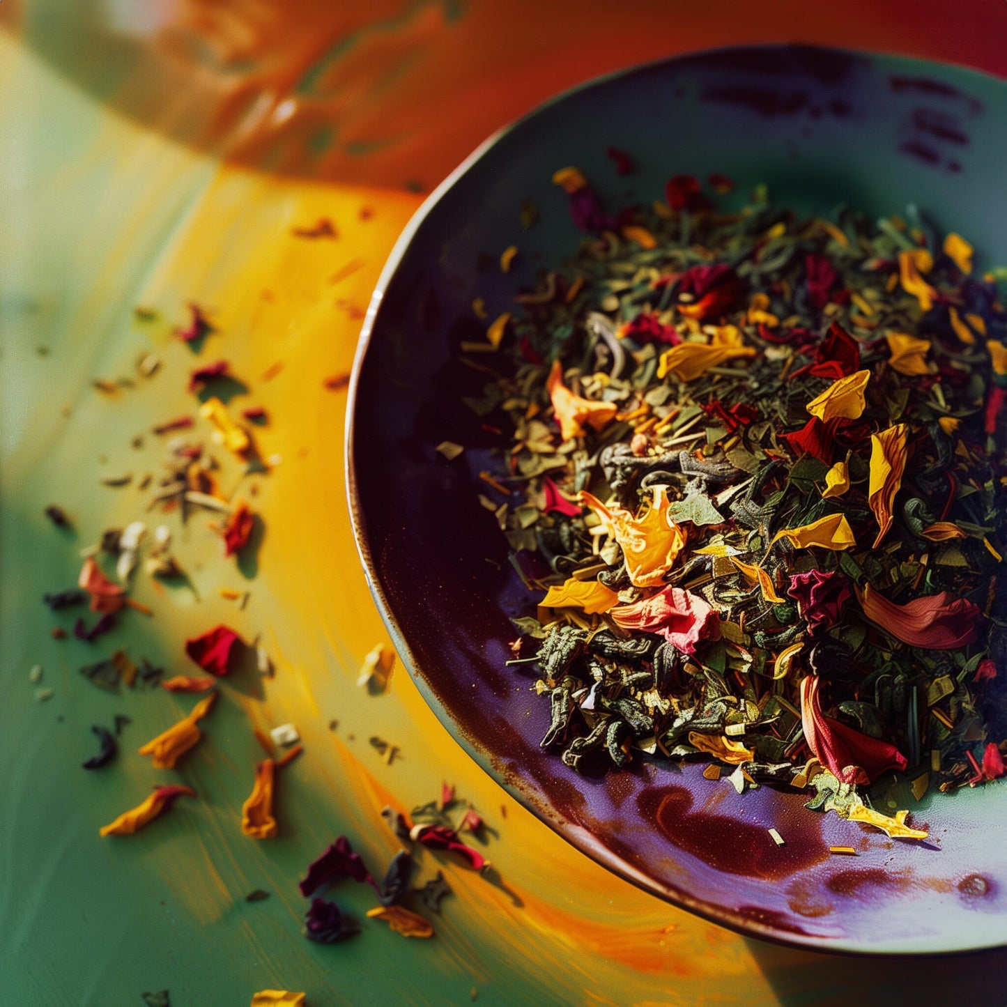 A vibrant cup of herbal tea with colorful dried flowers and tea leaves floating on the surface.