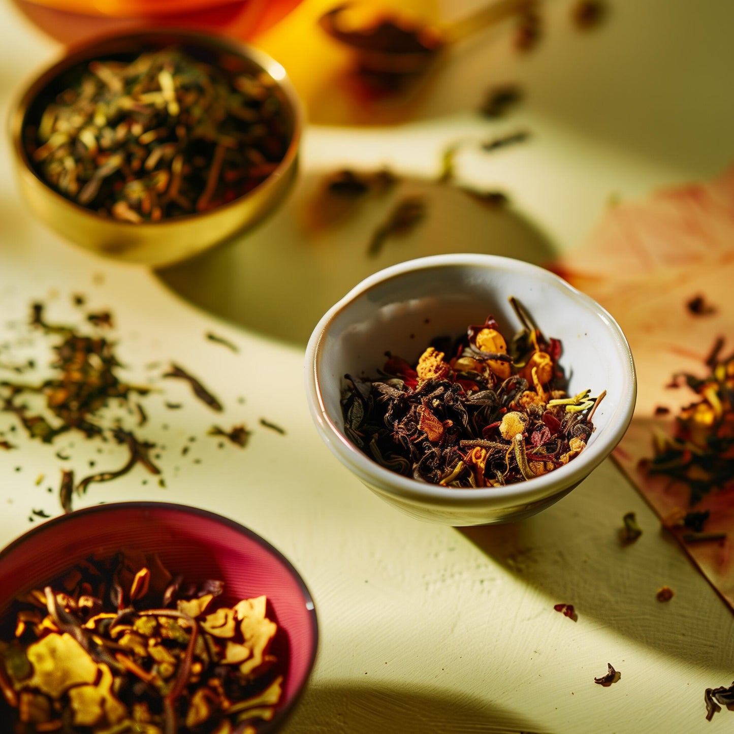 A dark, moody tea scene featuring a cup of herbal tea with floating flower petals, casting artistic shadows.